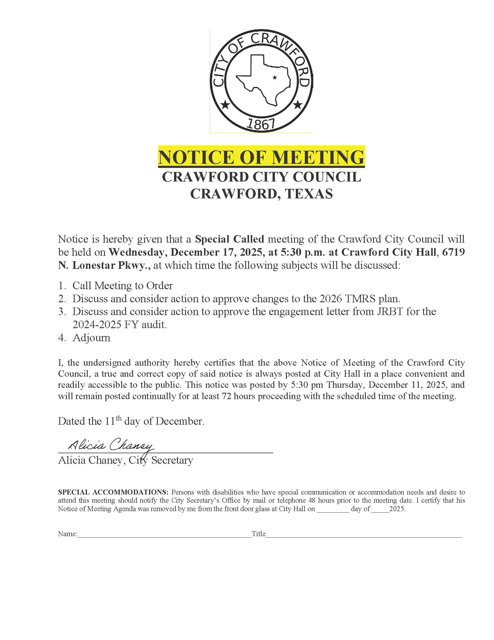 Special Called Meeting agenda